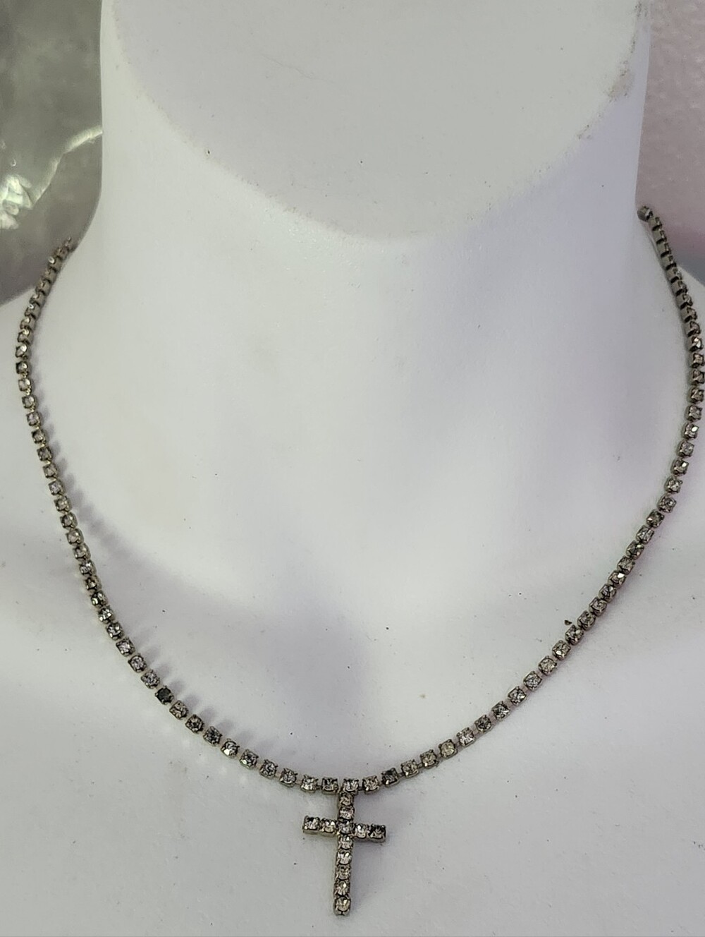 Vtg Rhinestone Cross Tennis Necklace - Silver Tone